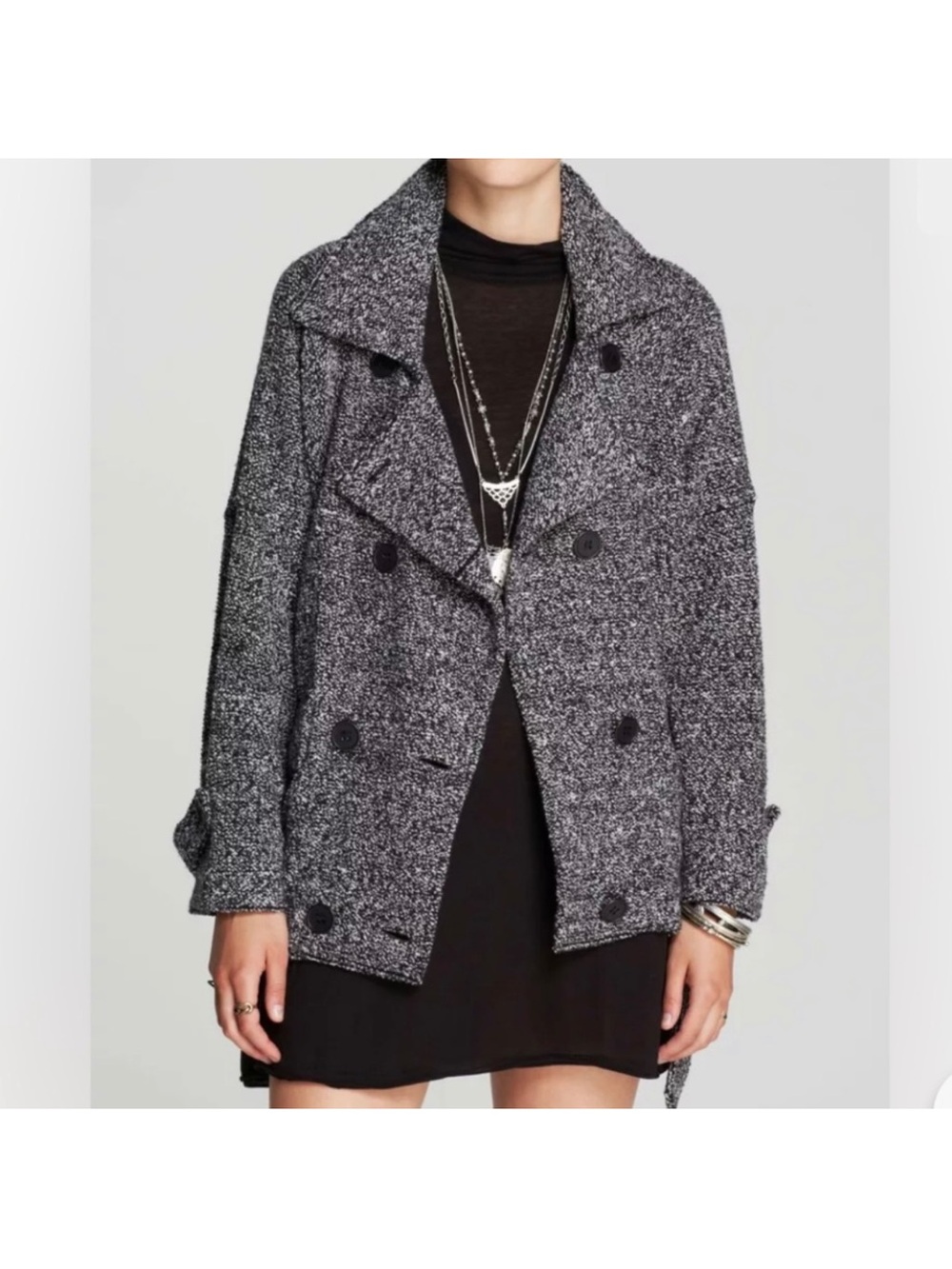 Free People Wool Blend Tweed Double Breasted Peacoat Jacket SZ Medium Flawed